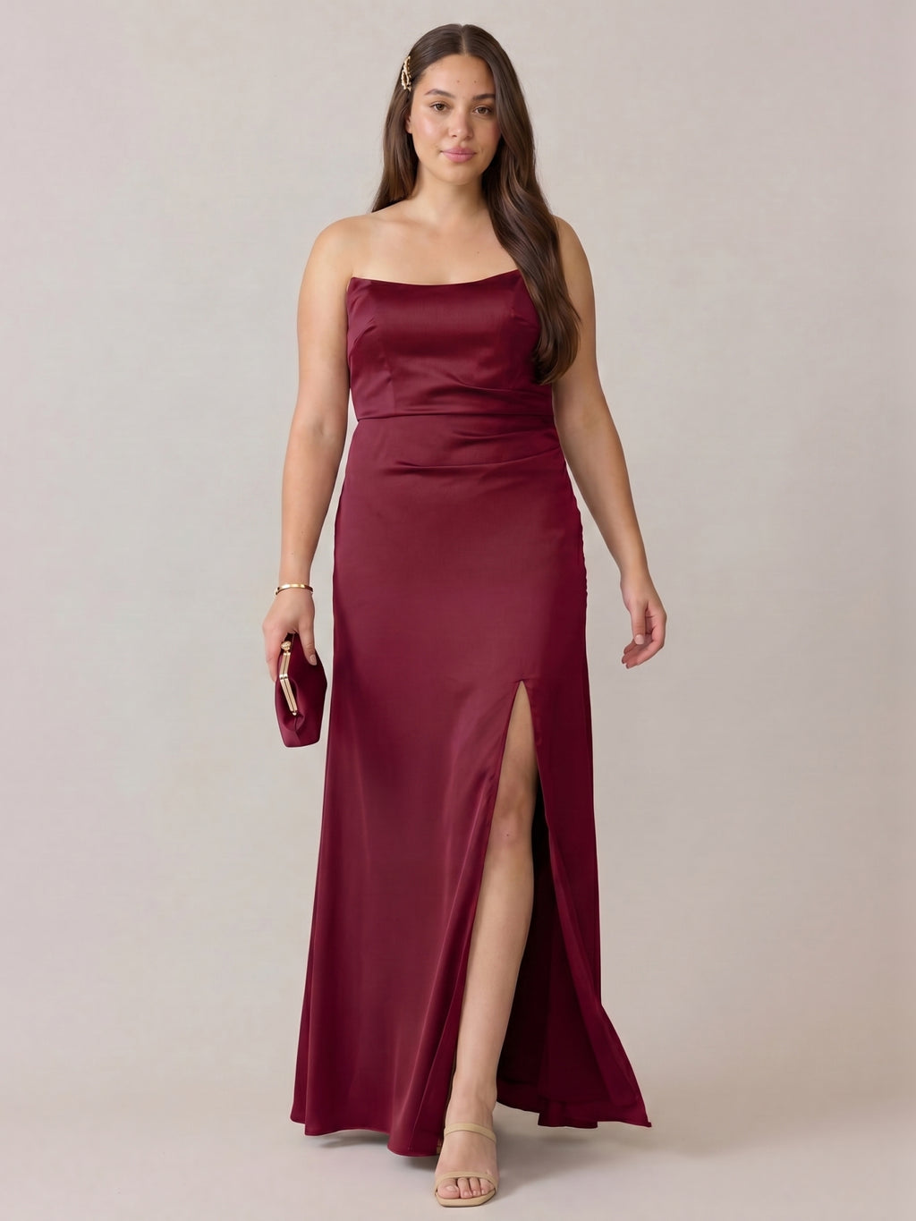 Simple Cabernet Satin Column Off-the-Shoulder Backless Ankle-Length Bridesmaid Dress