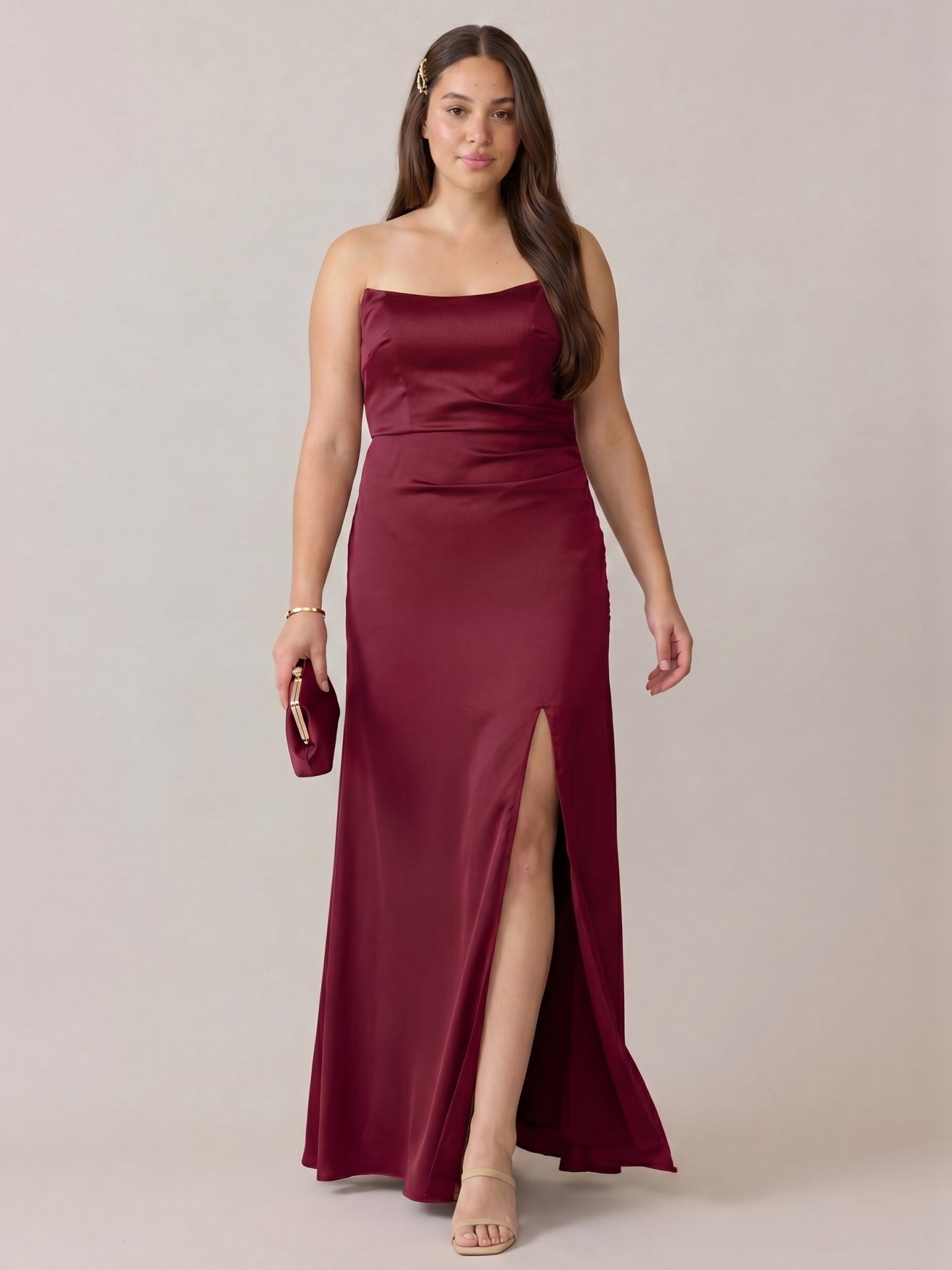 Simple Cabernet Satin Column Off-the-Shoulder Backless Ankle-Length Bridesmaid Dress