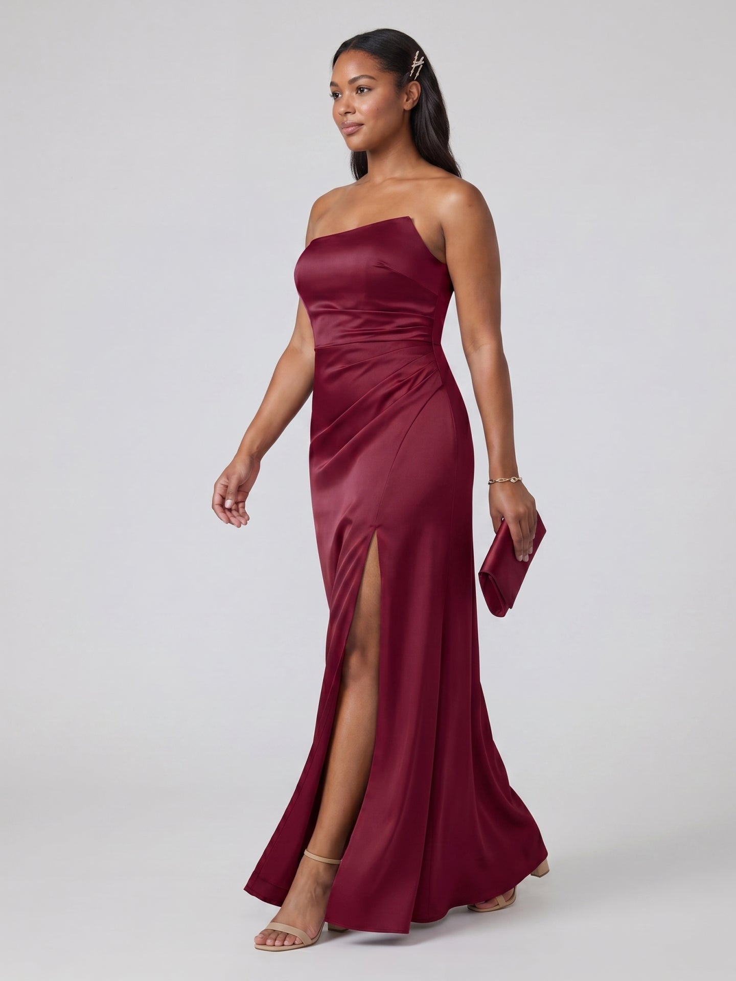 Simple Cabernet Satin Column Off-the-Shoulder Backless Ankle-Length Bridesmaid Dress