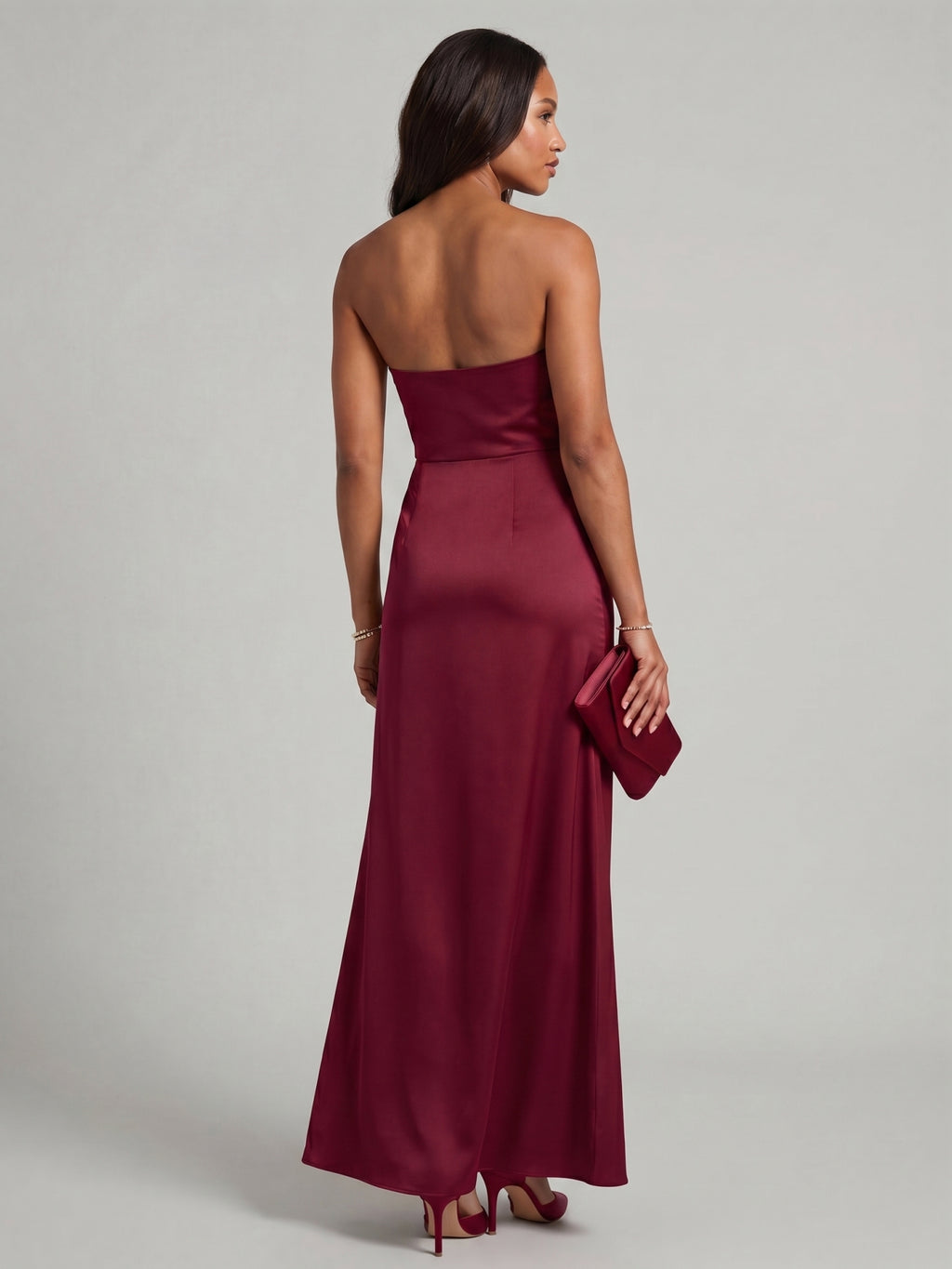 Simple Cabernet Satin Column Off-the-Shoulder Backless Ankle-Length Bridesmaid Dress