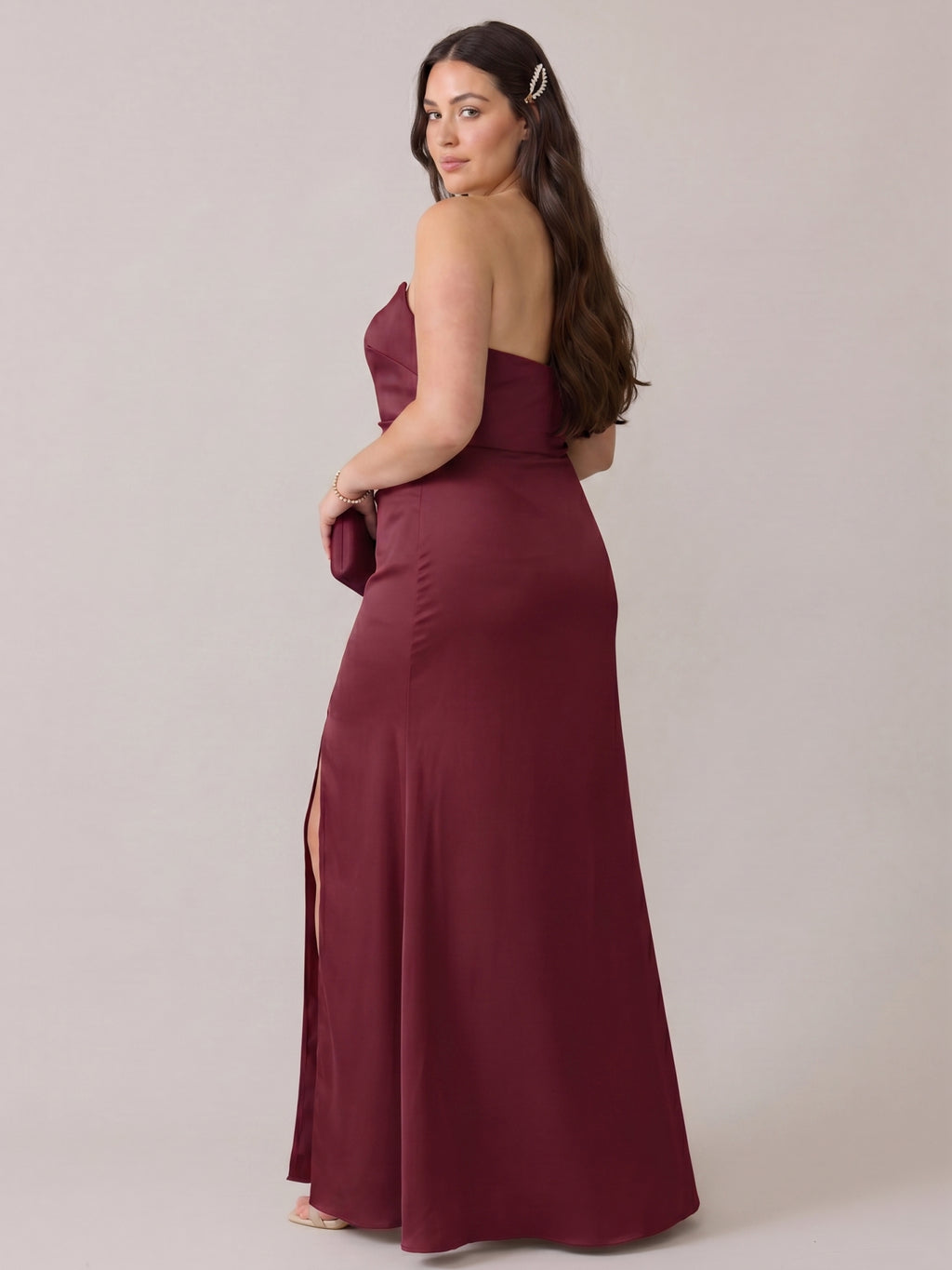 Simple Cabernet Satin Column Off-the-Shoulder Backless Ankle-Length Bridesmaid Dress