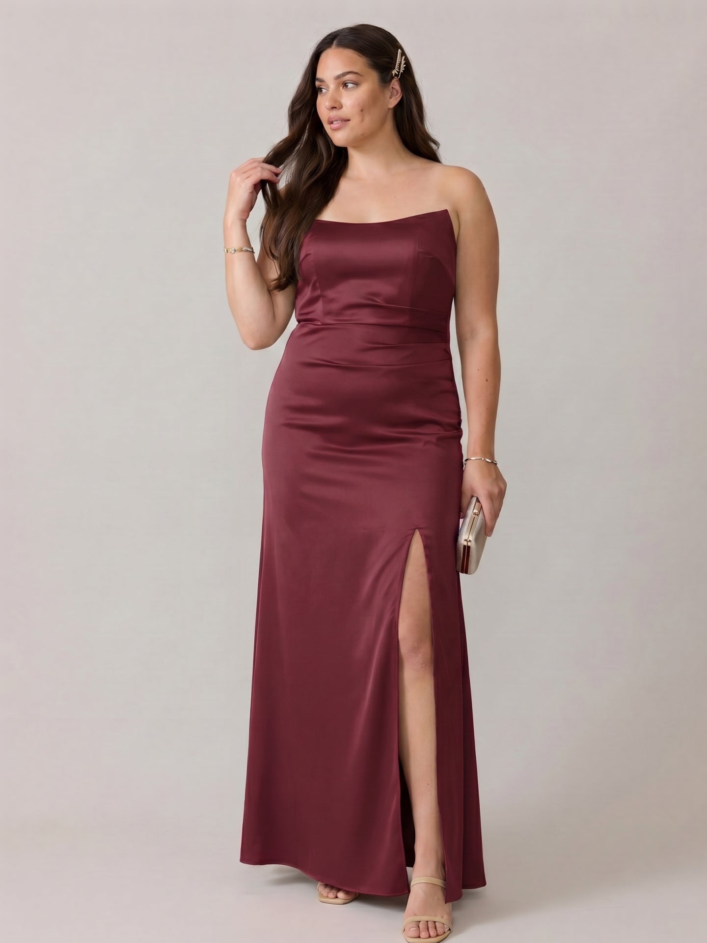 Simple Cabernet Satin Column Off-the-Shoulder Backless Ankle-Length Bridesmaid Dress