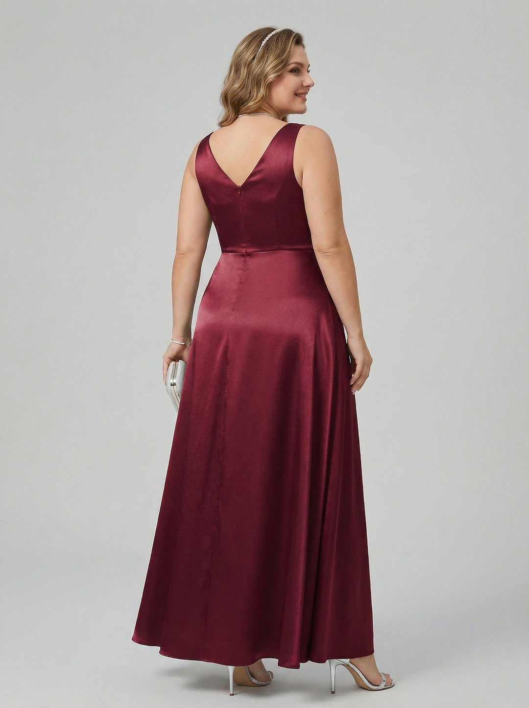 Simple Cabernet Satin Empire V-Neck V-Back Ankle-Length Plus Size Bridesmaid Dress