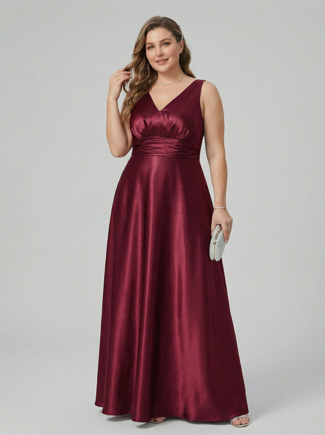 Simple Cabernet Satin Empire V-Neck V-Back Ankle-Length Plus Size Bridesmaid Dress