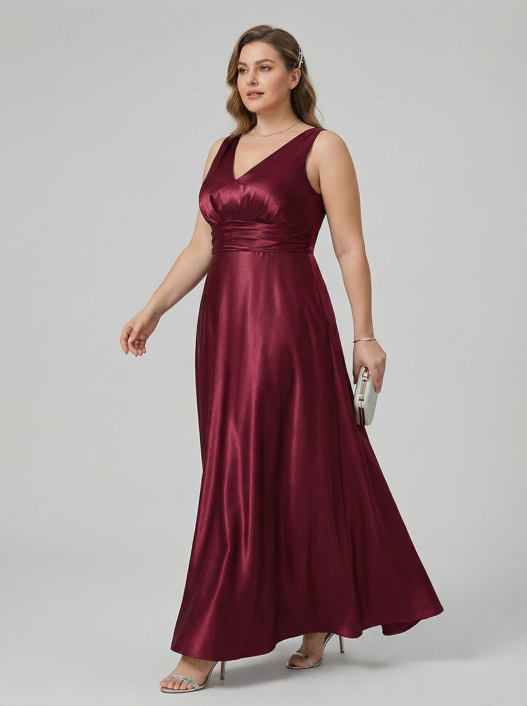 Simple Cabernet Satin Empire V-Neck V-Back Ankle-Length Plus Size Bridesmaid Dress