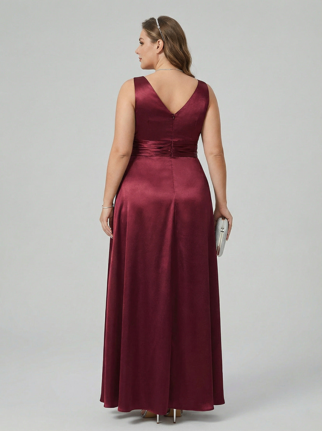 Simple Cabernet Satin Empire V-Neck V-Back Ankle-Length Plus Size Bridesmaid Dress