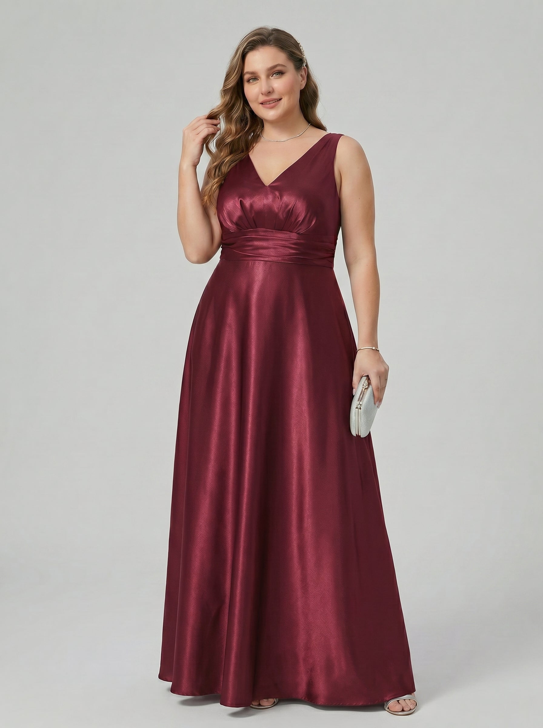 Simple Cabernet Satin Empire V-Neck V-Back Ankle-Length Plus Size Bridesmaid Dress