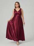 Simple Cabernet Satin Empire V-Neck V-Back Ankle-Length Plus Size Bridesmaid Dress