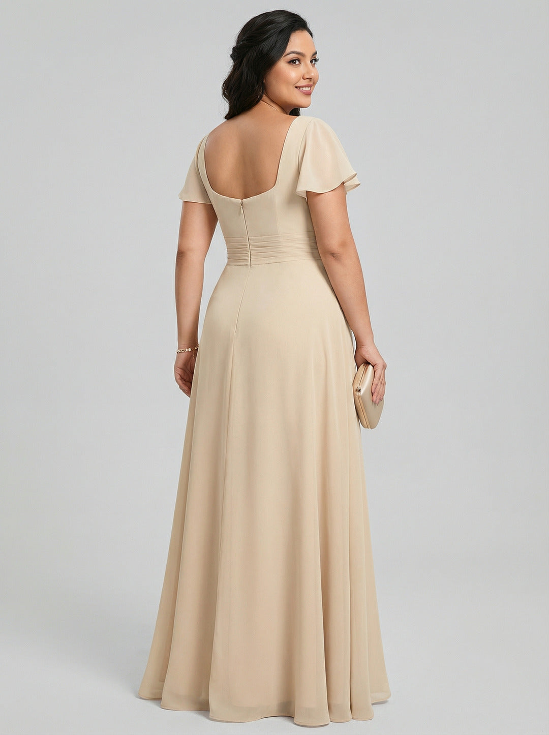 Simple Champagne Chiffon A-Line Square Neck Back Zip with nan Ankle-Length Plus Size Bridesmaid Dress