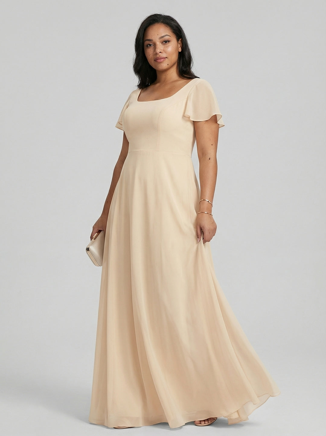 Simple Champagne Chiffon A-Line Square Neck Back Zip with nan Ankle-Length Plus Size Bridesmaid Dress