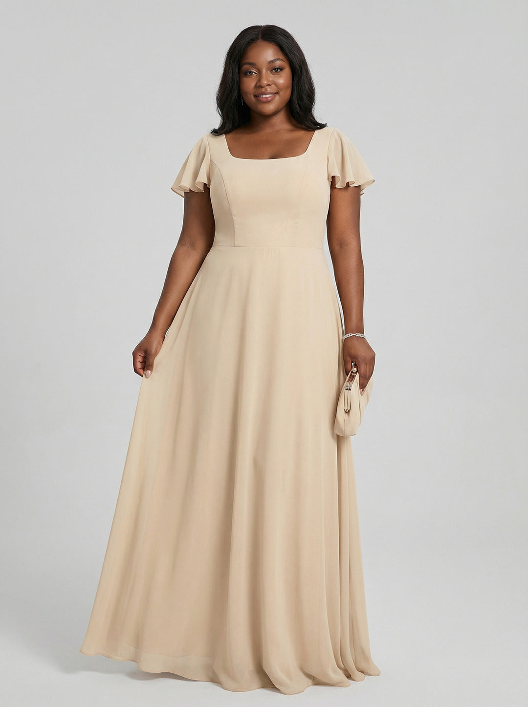 Simple Champagne Chiffon A-Line Square Neck Back Zip with nan Ankle-Length Plus Size Bridesmaid Dress