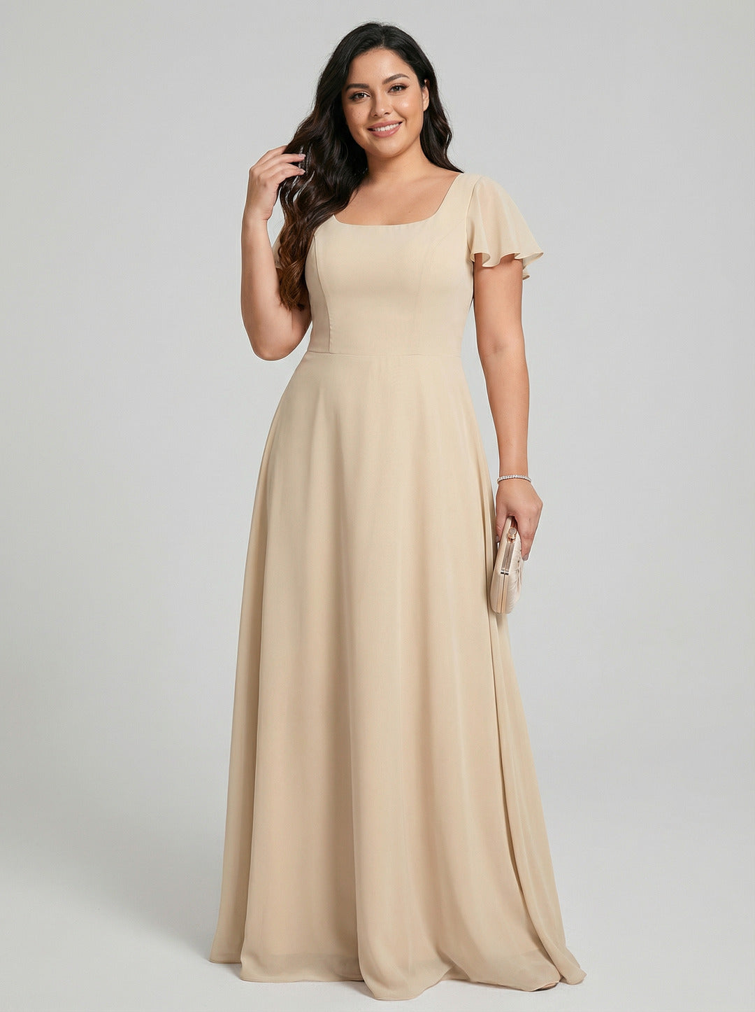 Simple Champagne Chiffon A-Line Square Neck Back Zip with nan Ankle-Length Plus Size Bridesmaid Dress
