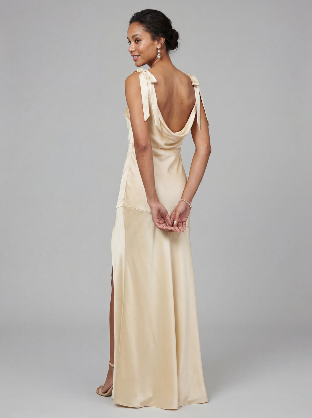 Simple Champagne Satin Mermaid Scoop Neck Backless Ankle-Length Bridesmaid Dress