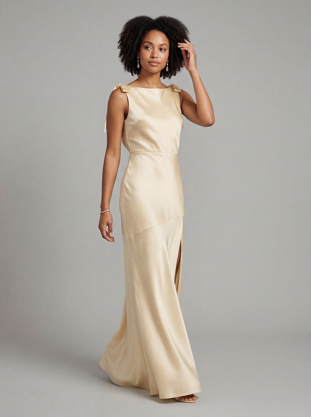 Simple Champagne Satin Mermaid Scoop Neck Backless Ankle-Length Bridesmaid Dress