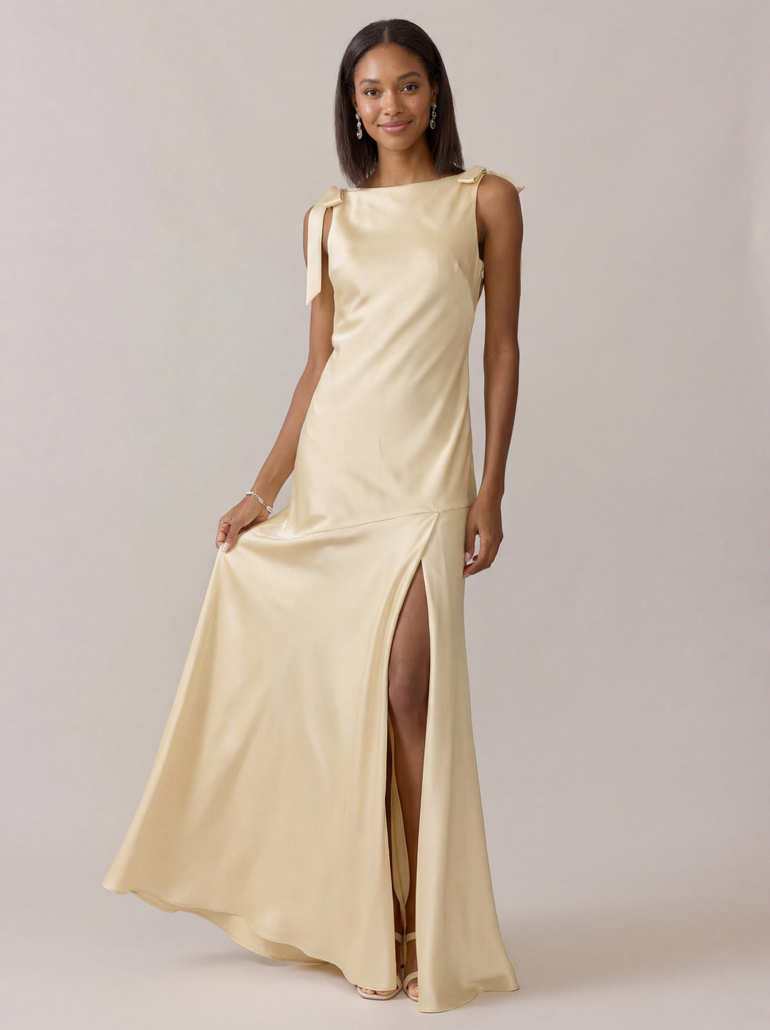 Simple Champagne Satin Mermaid Scoop Neck Backless Ankle-Length Bridesmaid Dress