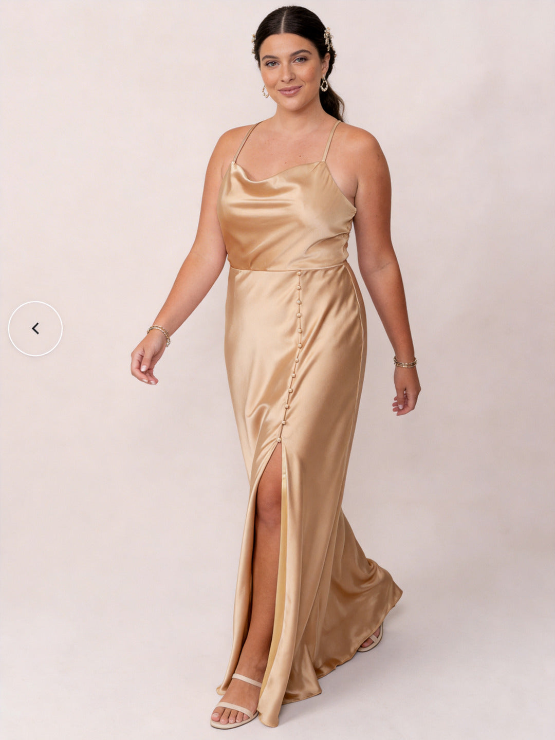 Champagne Gold Satin Sheath Cowl Neck Backless Ankle-Length Plus Size Bridesmaid Dress