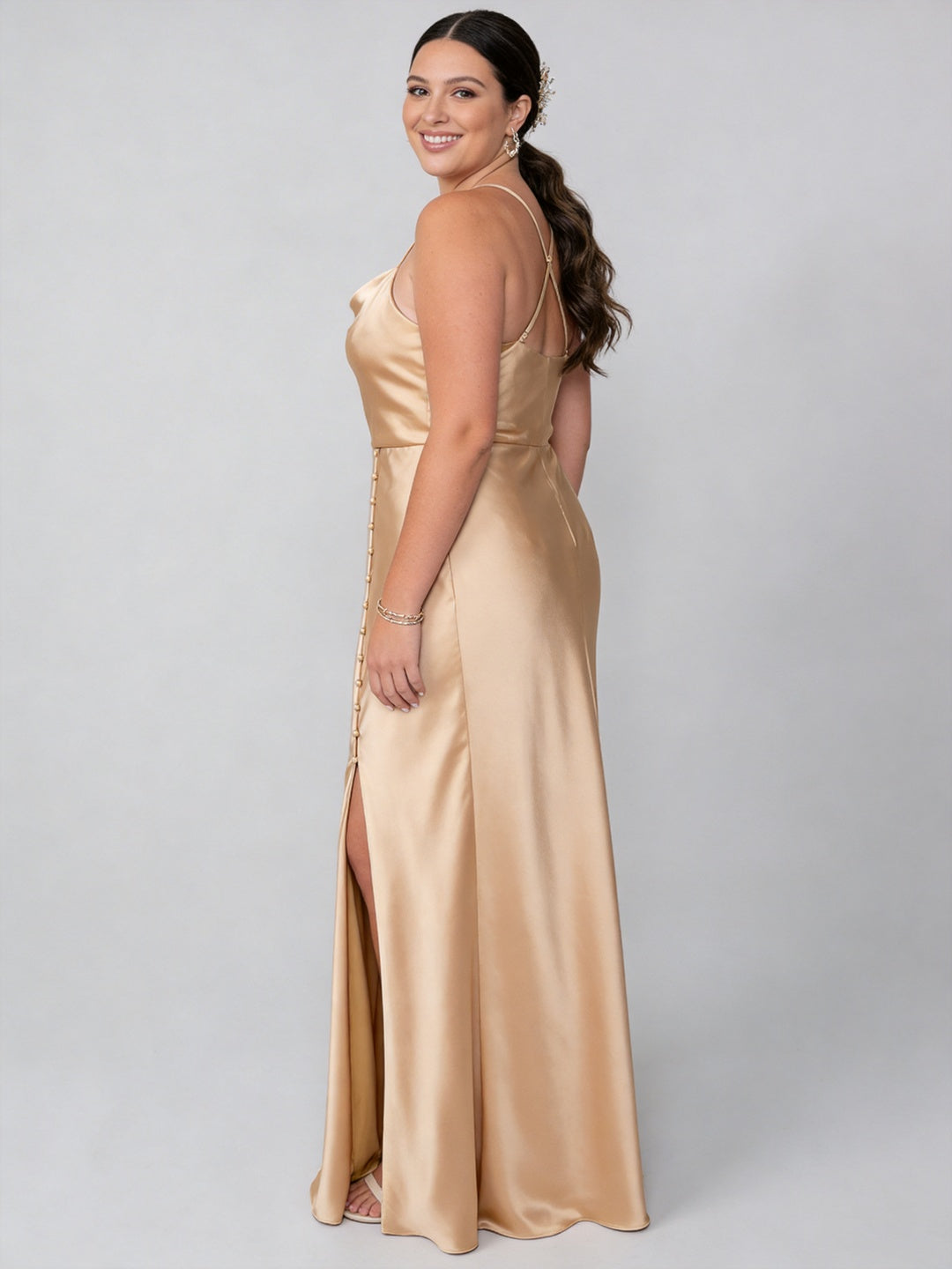 Champagne Gold Satin Sheath Cowl Neck Backless Ankle-Length Plus Size Bridesmaid Dress