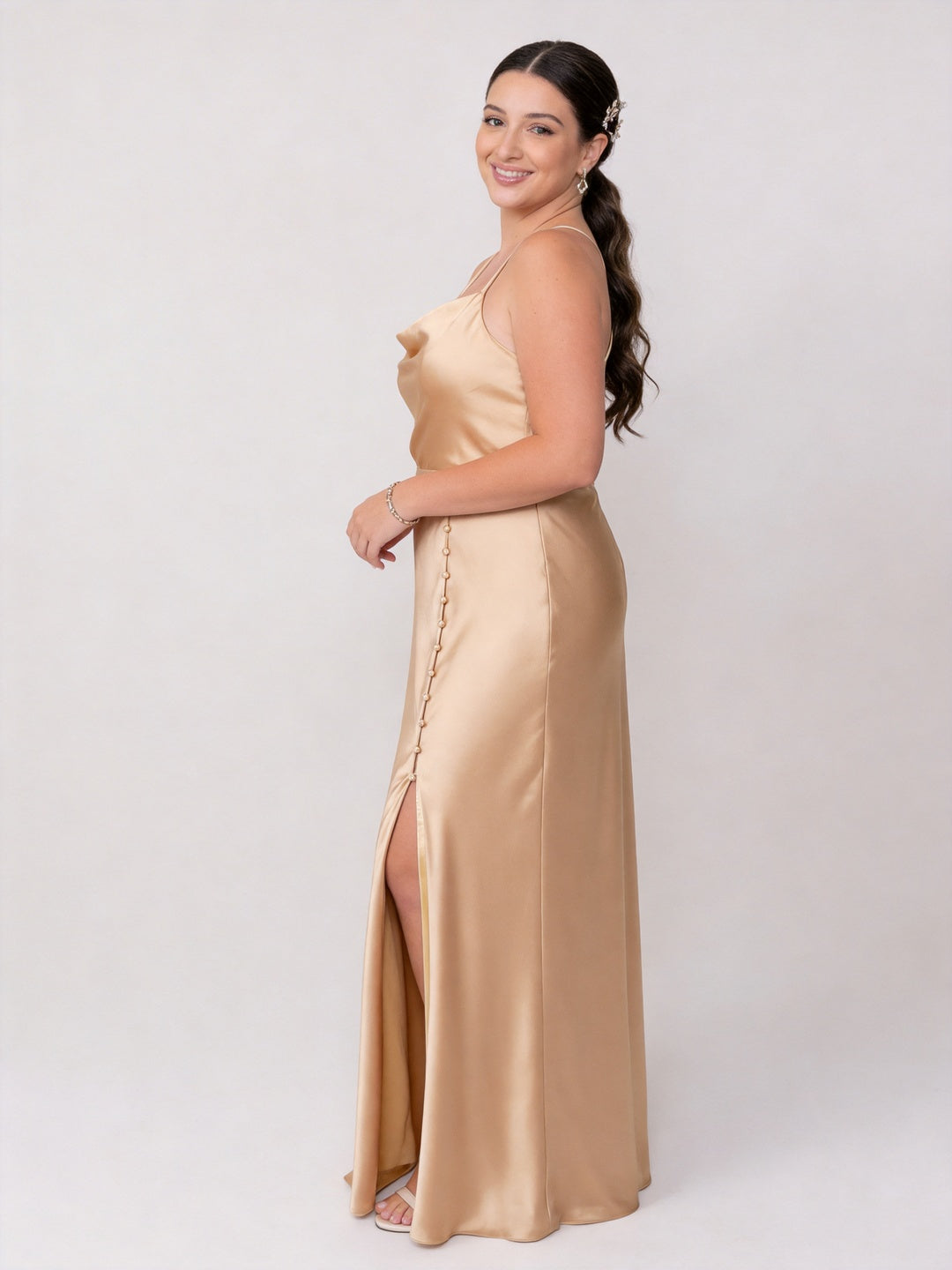 Champagne Gold Satin Sheath Cowl Neck Backless Ankle-Length Plus Size Bridesmaid Dress