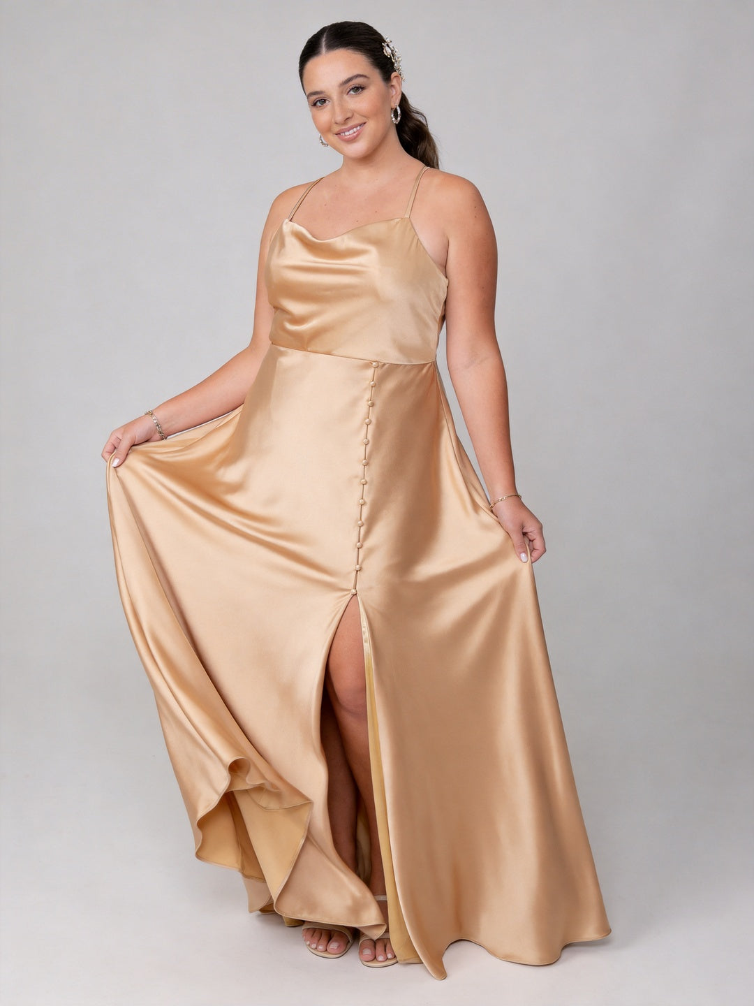 Champagne Gold Satin Sheath Cowl Neck Backless Ankle-Length Plus Size Bridesmaid Dress