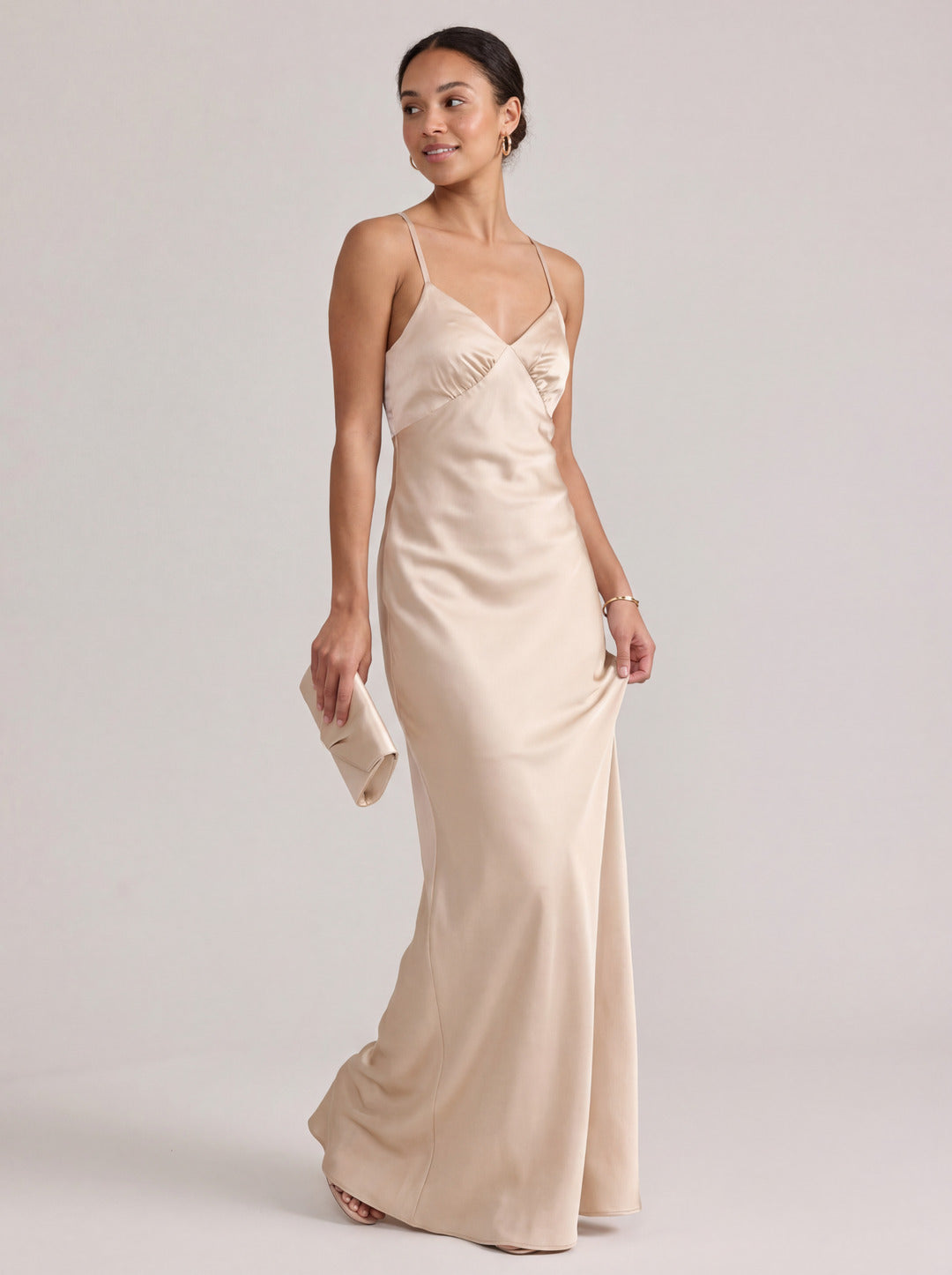 Simple Champagne Satin Sheath V-Neck Criss-Cross Straps Ankle-Length Bridesmaid Dress