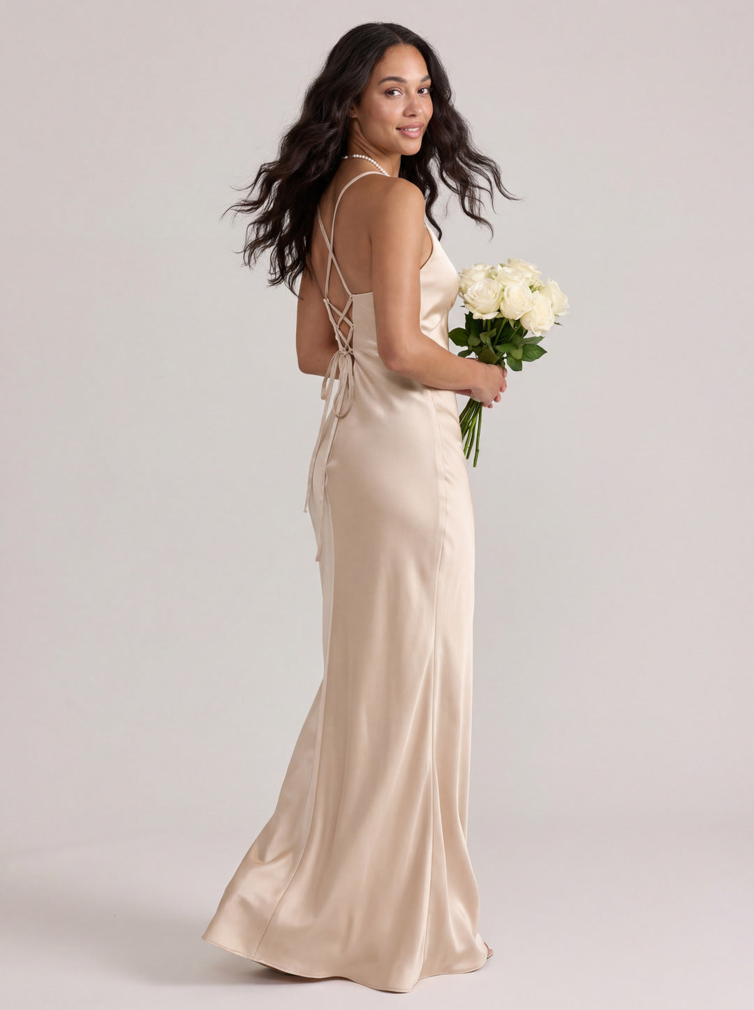 Simple Champagne Satin Sheath V-Neck Criss-Cross Straps Ankle-Length Bridesmaid Dress