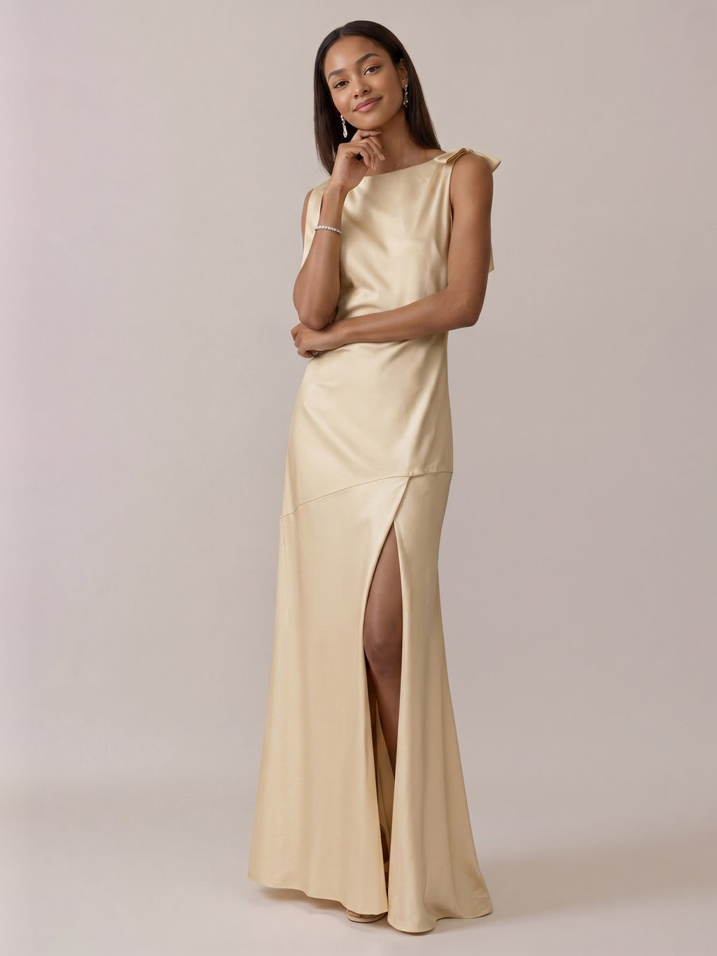 Simple Champagne Satin Mermaid Scoop Neck Backless Ankle-Length Bridesmaid Dress