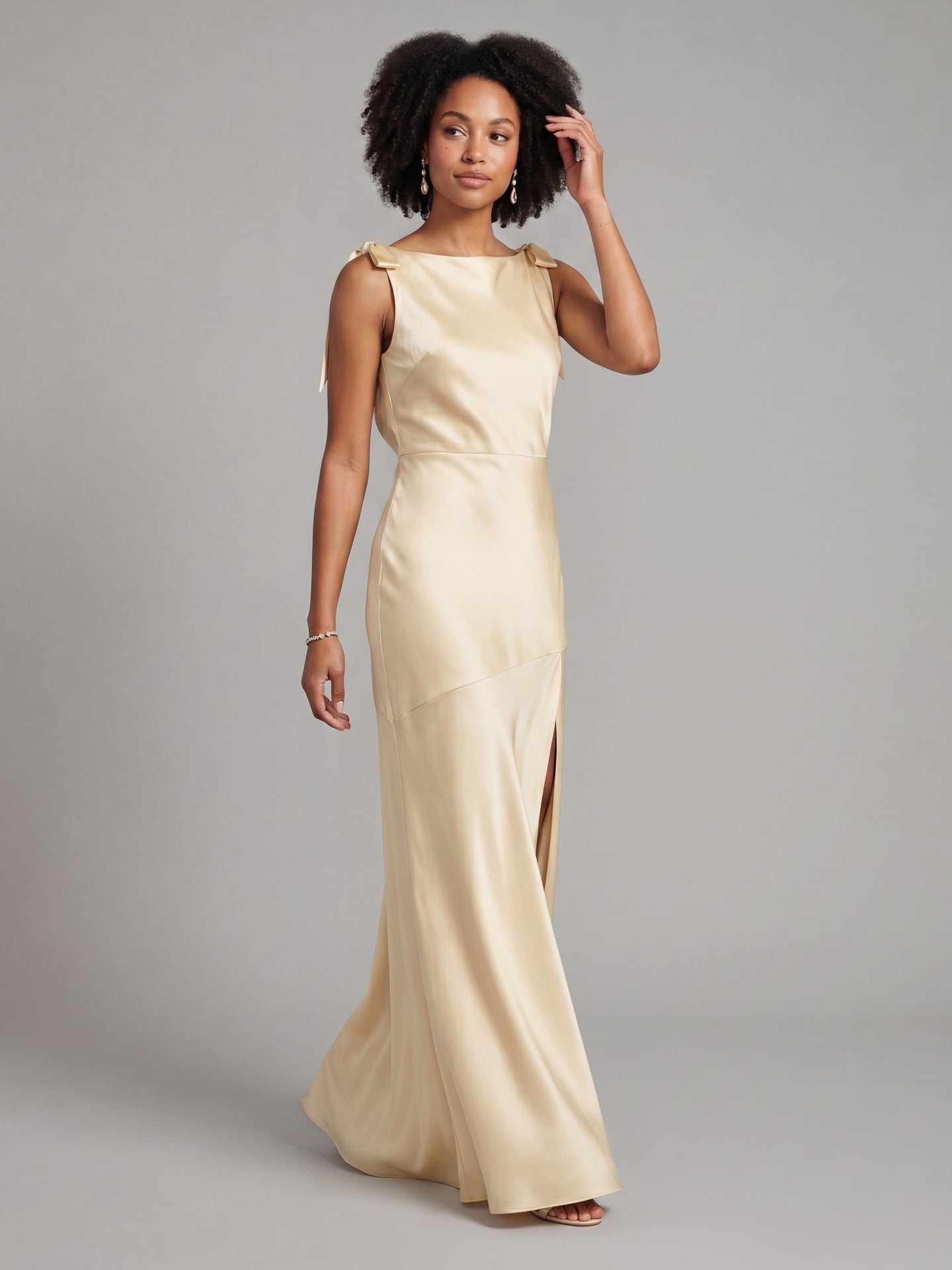 Simple Champagne Satin Mermaid Scoop Neck Backless Ankle-Length Bridesmaid Dress