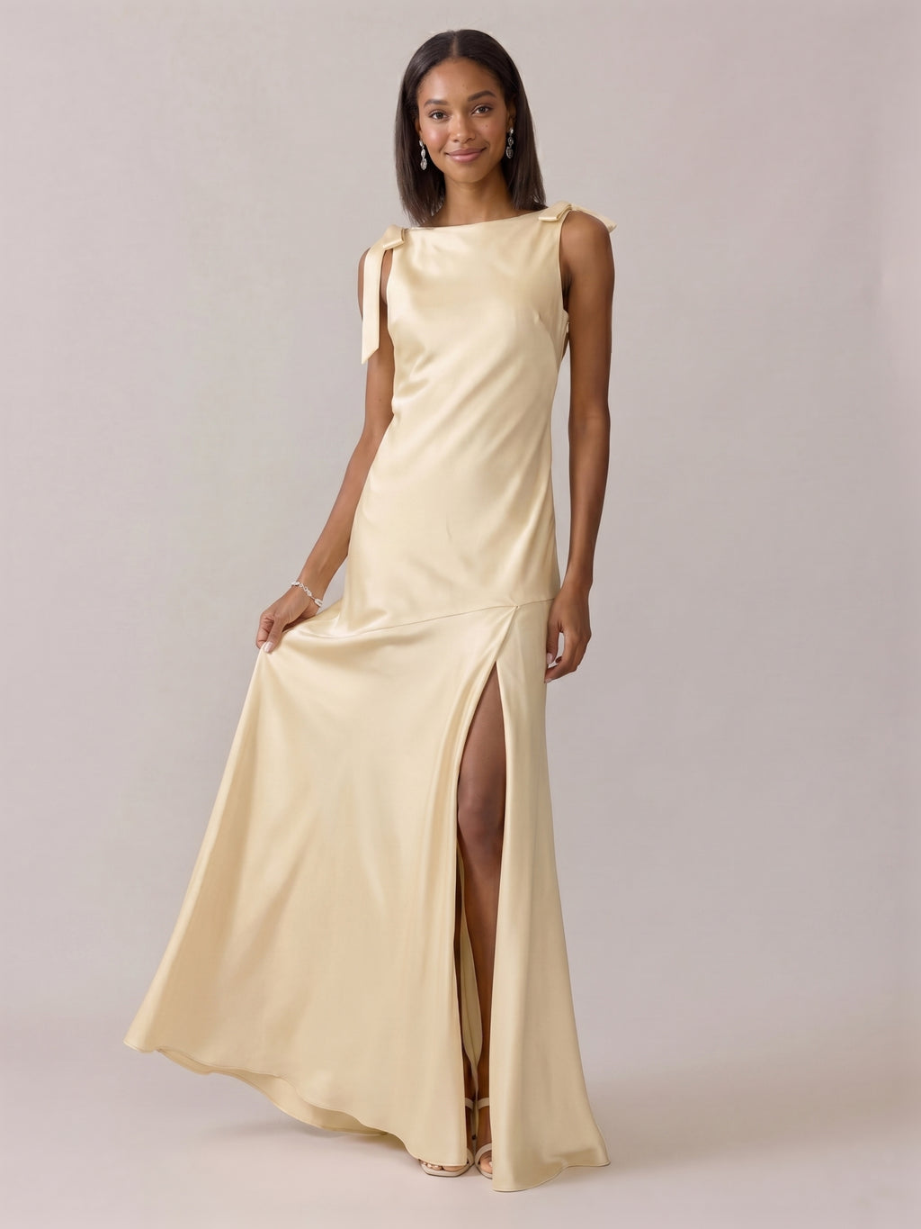 Simple Champagne Satin Mermaid Scoop Neck Backless Ankle-Length Bridesmaid Dress
