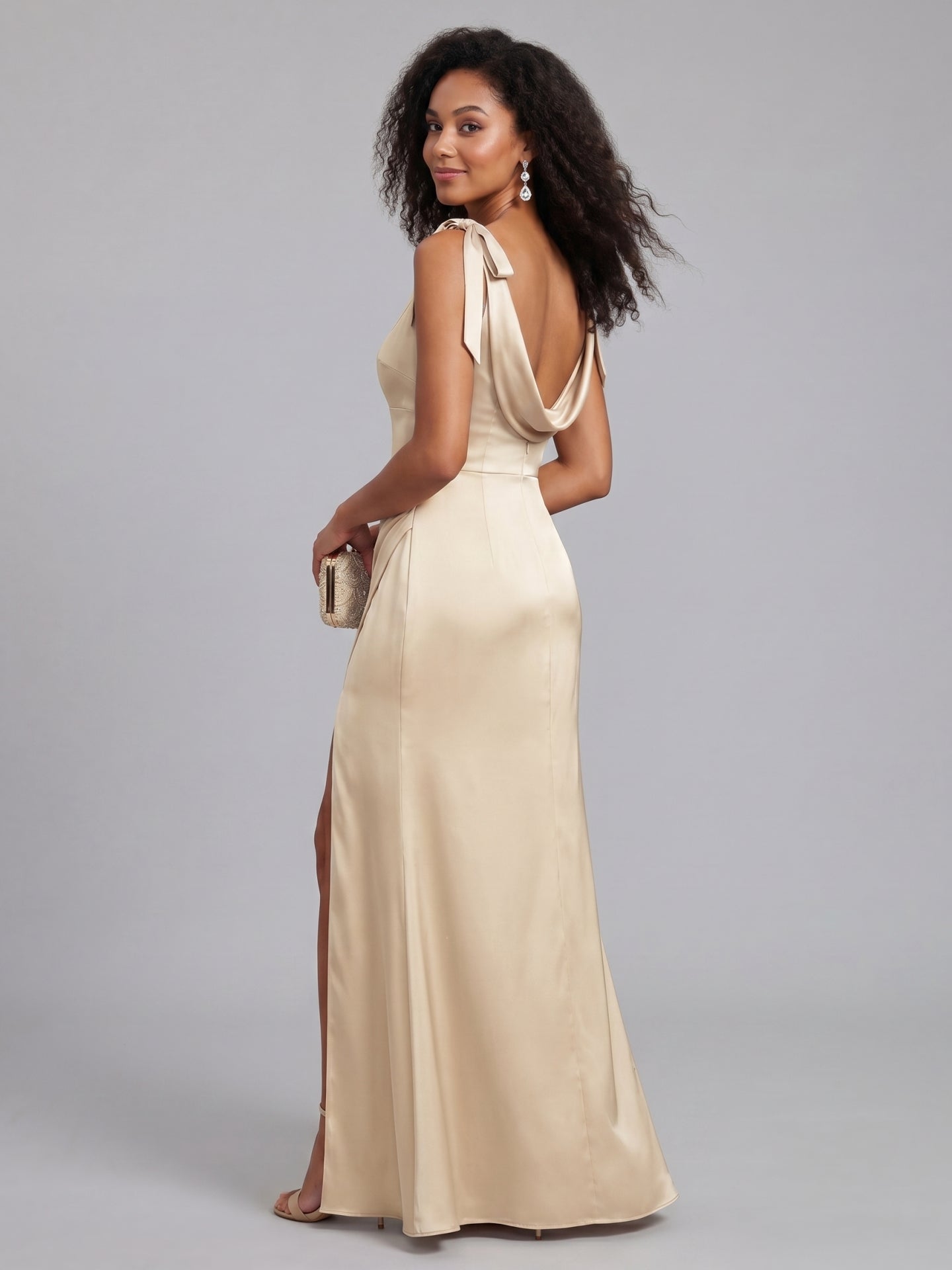 Simple Champagne Satin Mermaid Scoop Neck Backless Ankle-Length Bridesmaid Dress