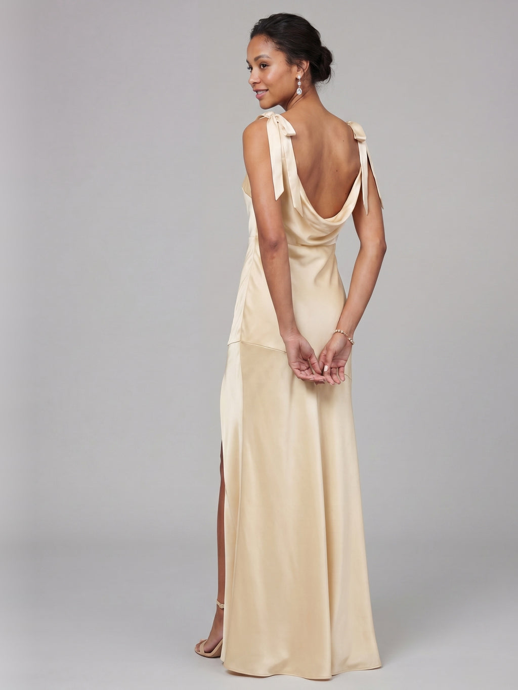 Simple Champagne Satin Mermaid Scoop Neck Backless Ankle-Length Bridesmaid Dress