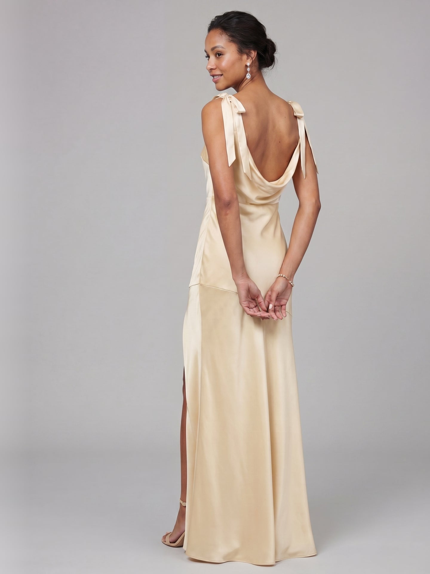 Simple Champagne Satin Mermaid Scoop Neck Backless Ankle-Length Bridesmaid Dress