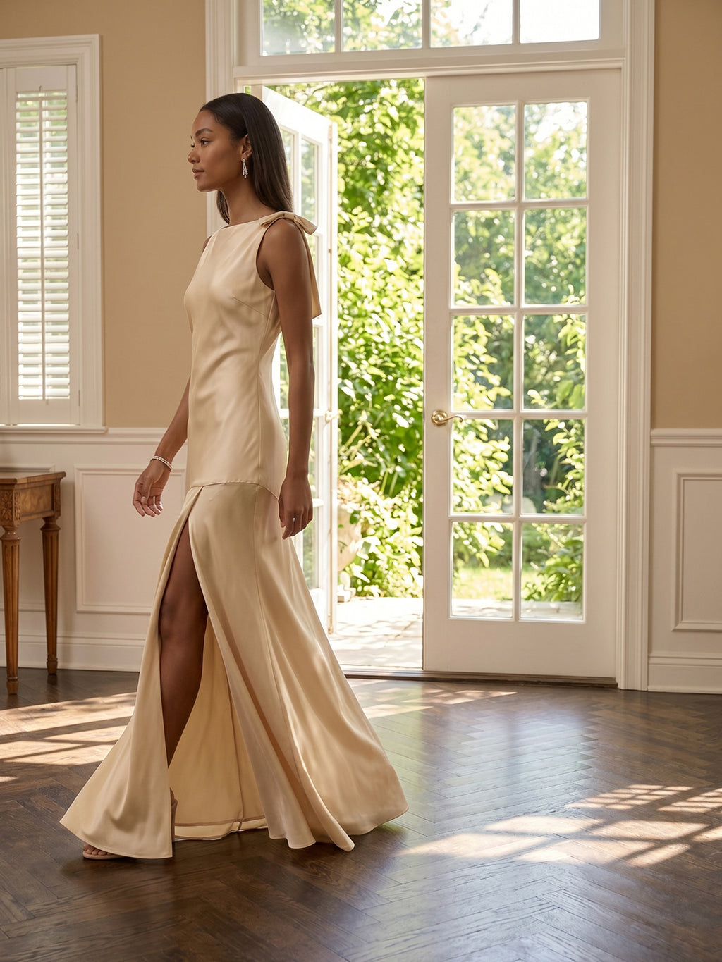 Simple Champagne Satin Mermaid Scoop Neck Backless Ankle-Length Bridesmaid Dress