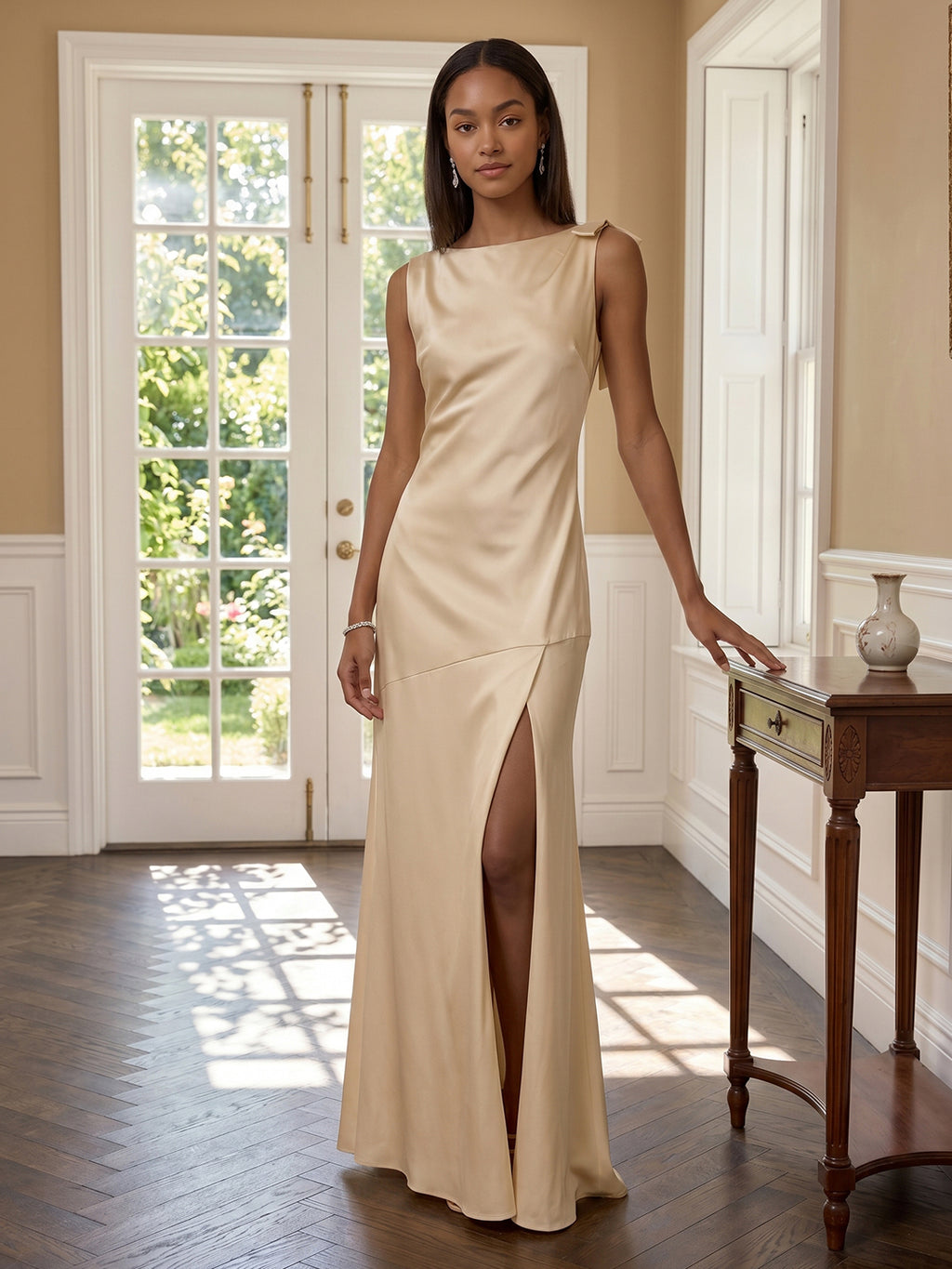 Simple Champagne Satin Mermaid Scoop Neck Backless Ankle-Length Bridesmaid Dress