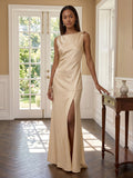 Simple Champagne Satin Mermaid Scoop Neck Backless Ankle-Length Bridesmaid Dress