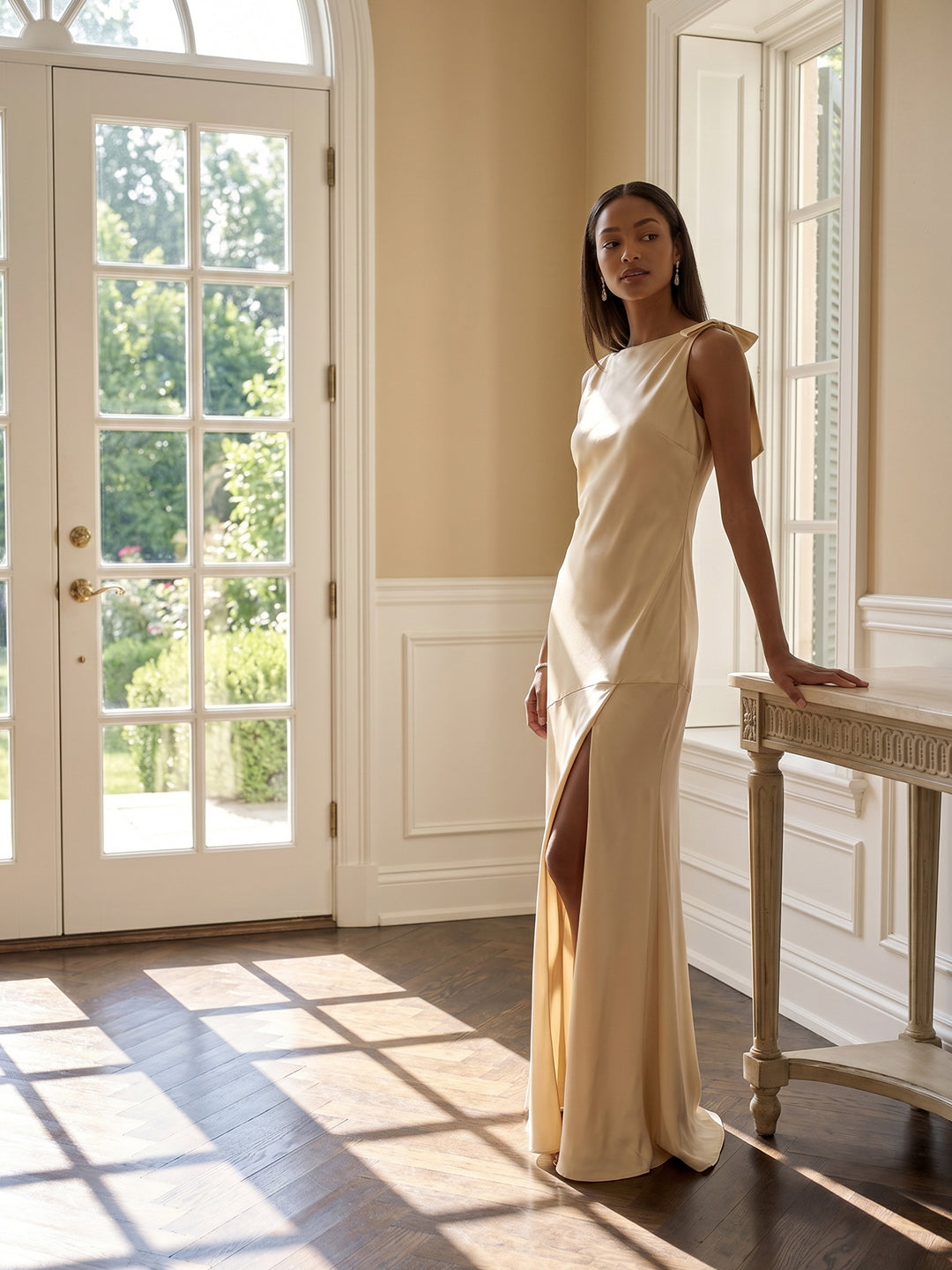 Simple Champagne Satin Mermaid Scoop Neck Backless Ankle-Length Bridesmaid Dress