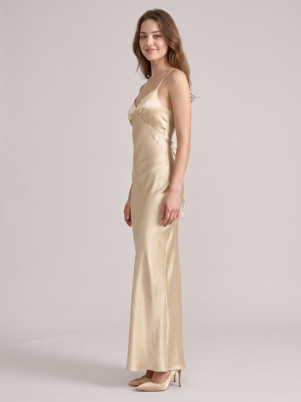 Simple Champagne Satin Sheath V-Neck Criss-Cross Straps Ankle-Length Bridesmaid Dress