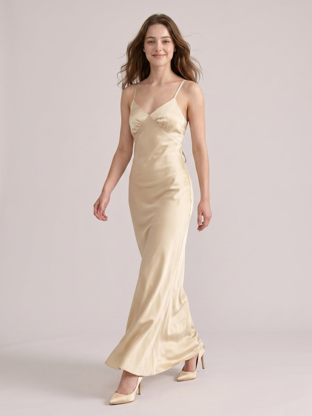 Simple Champagne Satin Sheath V-Neck Criss-Cross Straps Ankle-Length Bridesmaid Dress