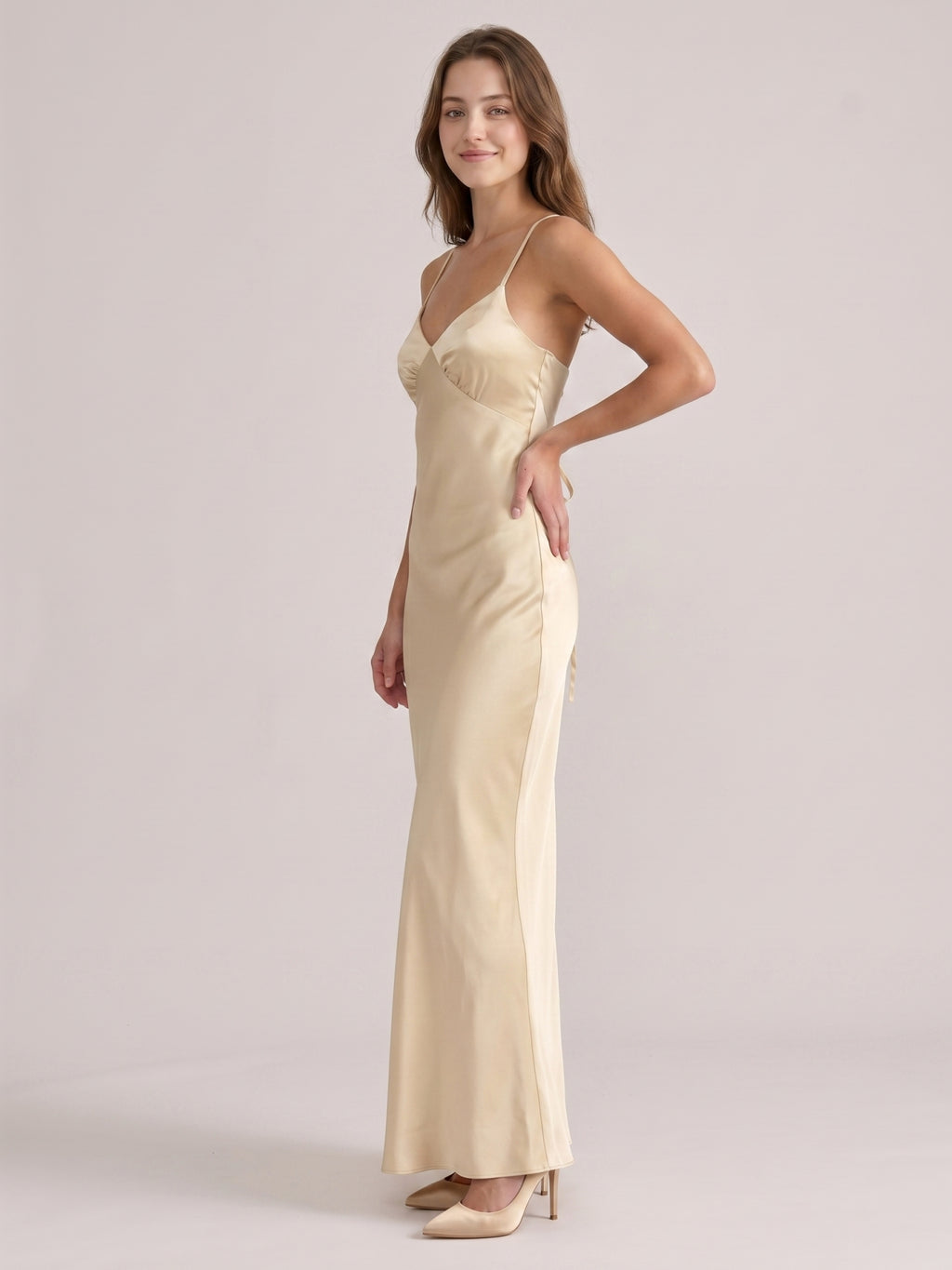 Simple Champagne Satin Sheath V-Neck Criss-Cross Straps Ankle-Length Bridesmaid Dress