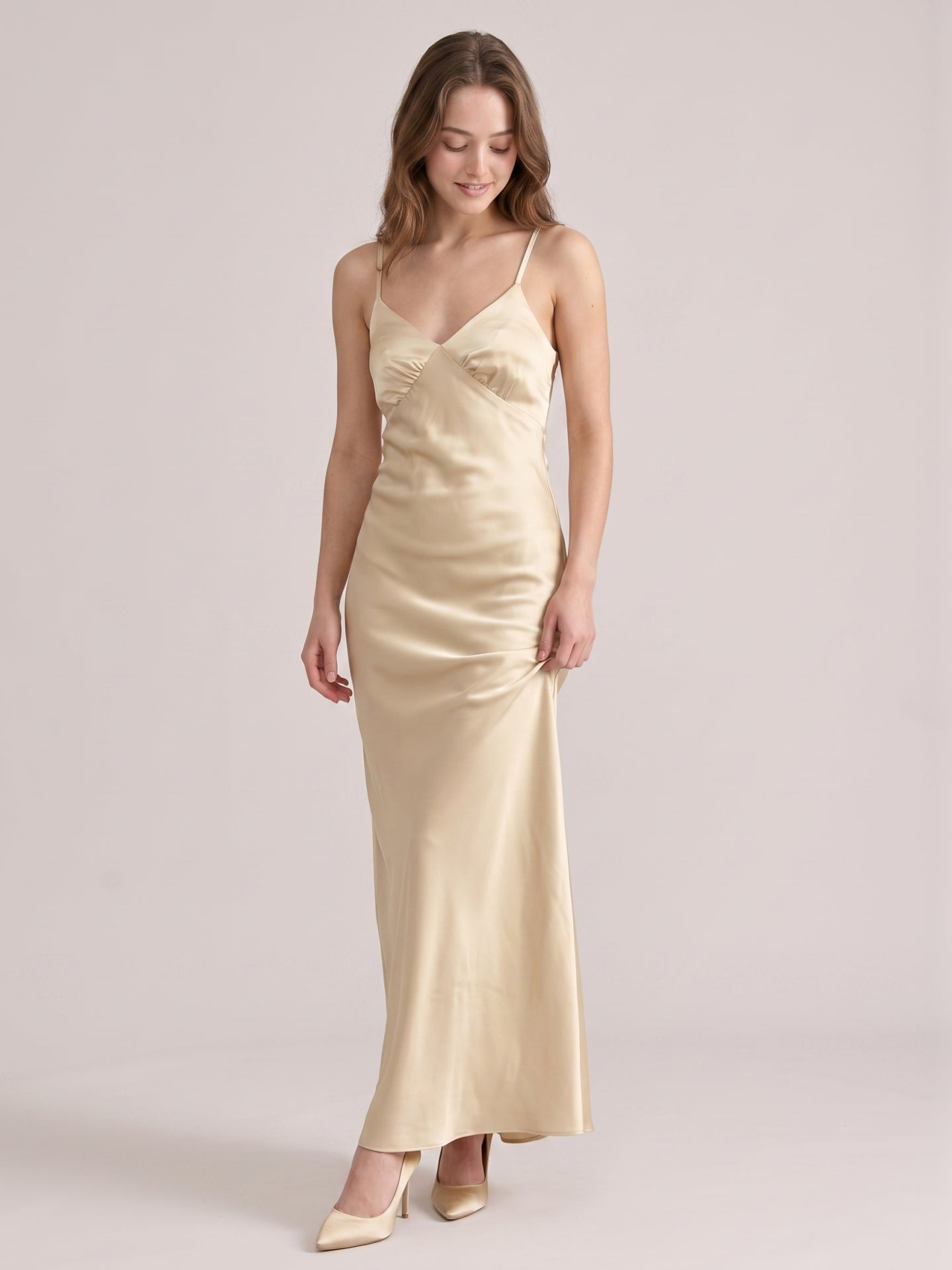 Simple Champagne Satin Sheath V-Neck Criss-Cross Straps Ankle-Length Bridesmaid Dress