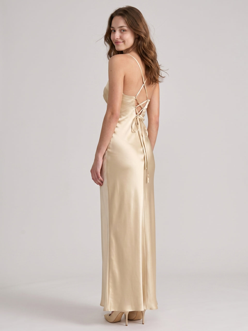 Simple Champagne Satin Sheath V-Neck Criss-Cross Straps Ankle-Length Bridesmaid Dress