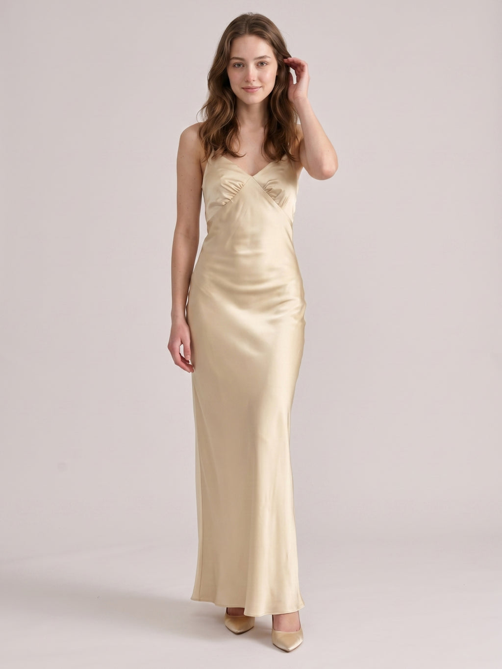 Simple Champagne Satin Sheath V-Neck Criss-Cross Straps Ankle-Length Bridesmaid Dress