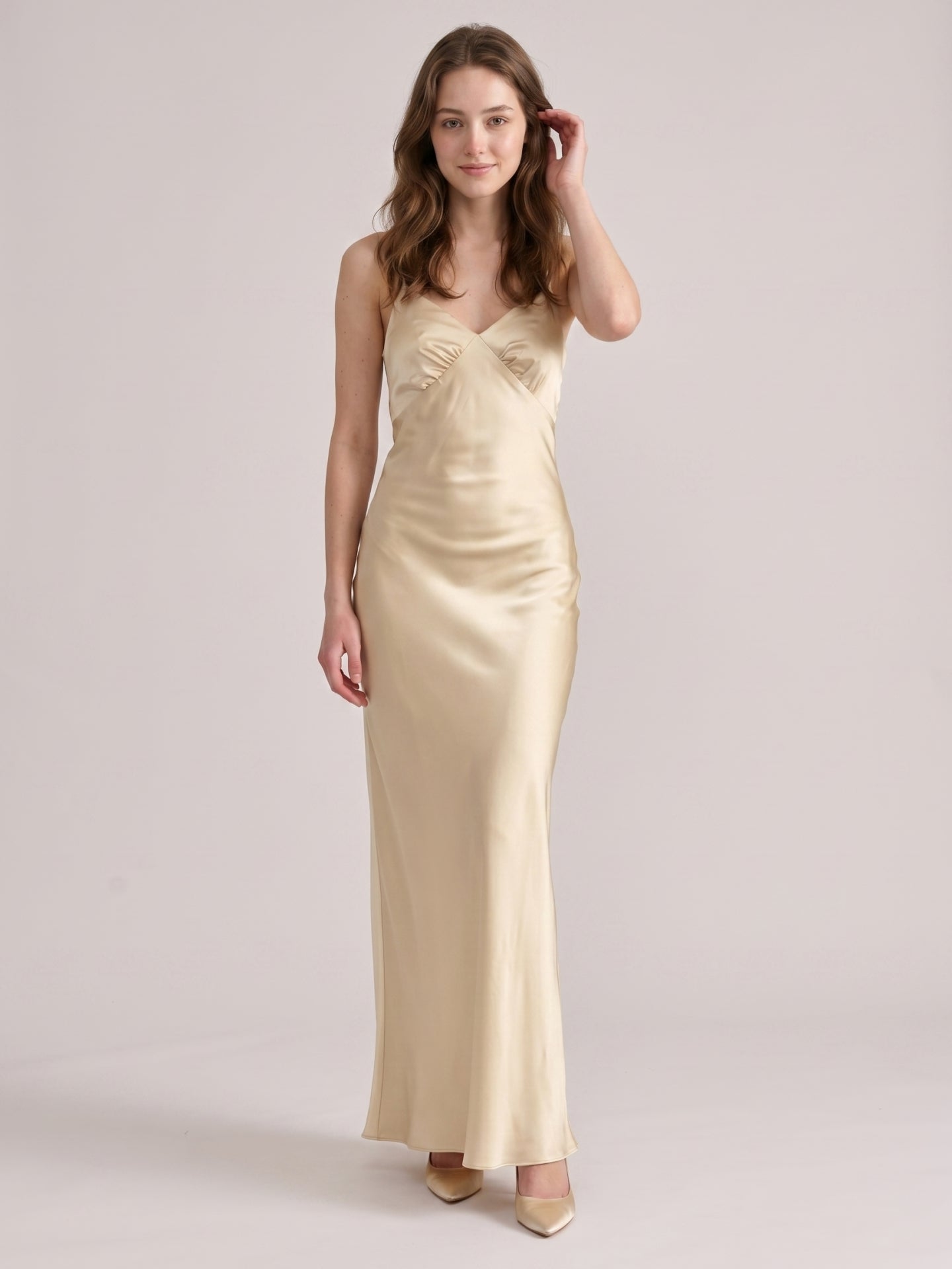 Simple Champagne Satin Sheath V-Neck Criss-Cross Straps Ankle-Length Bridesmaid Dress