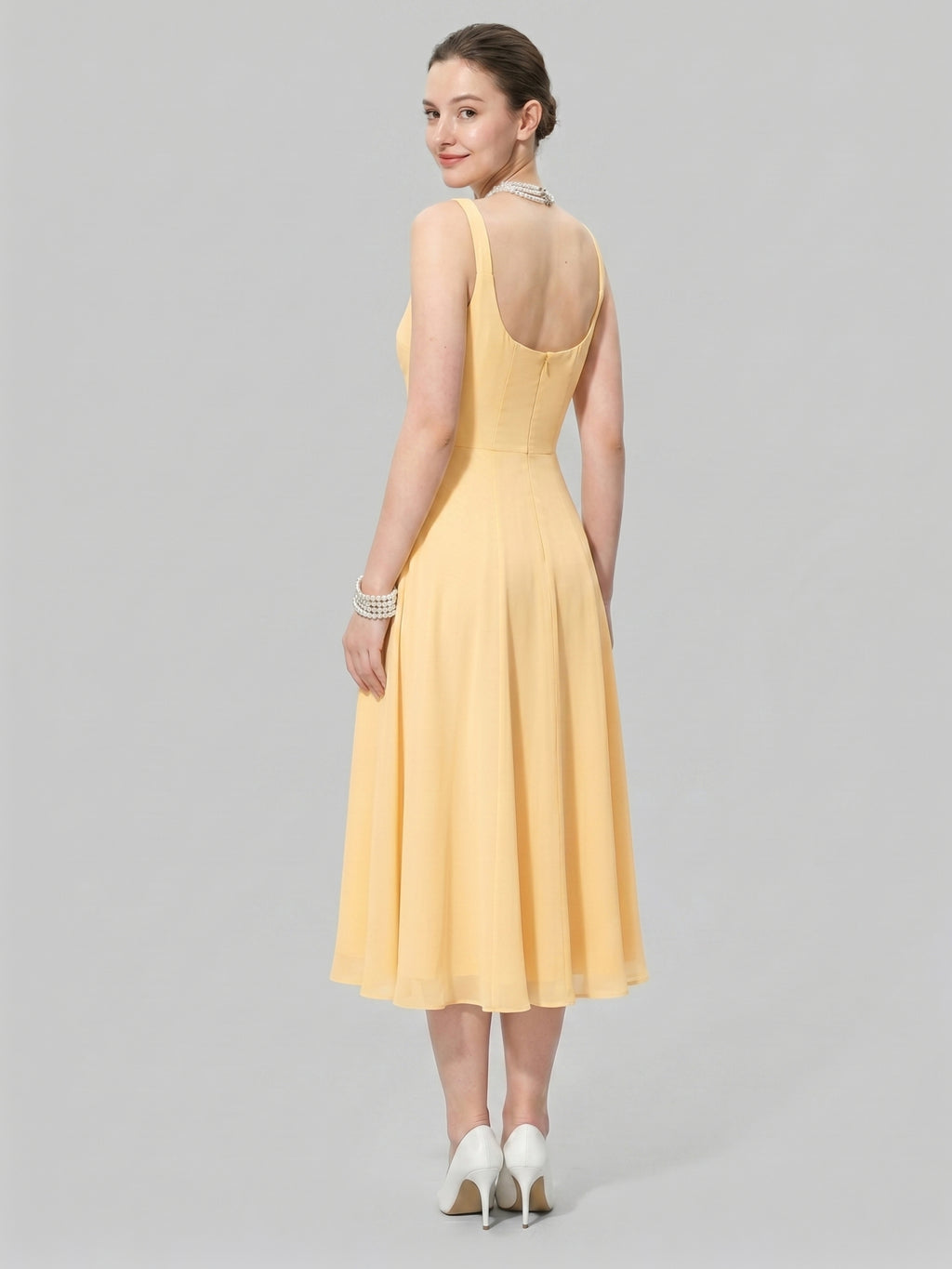 Simple Chiffon A-Line Square Neck Tea-Length Bridesmaid Dress