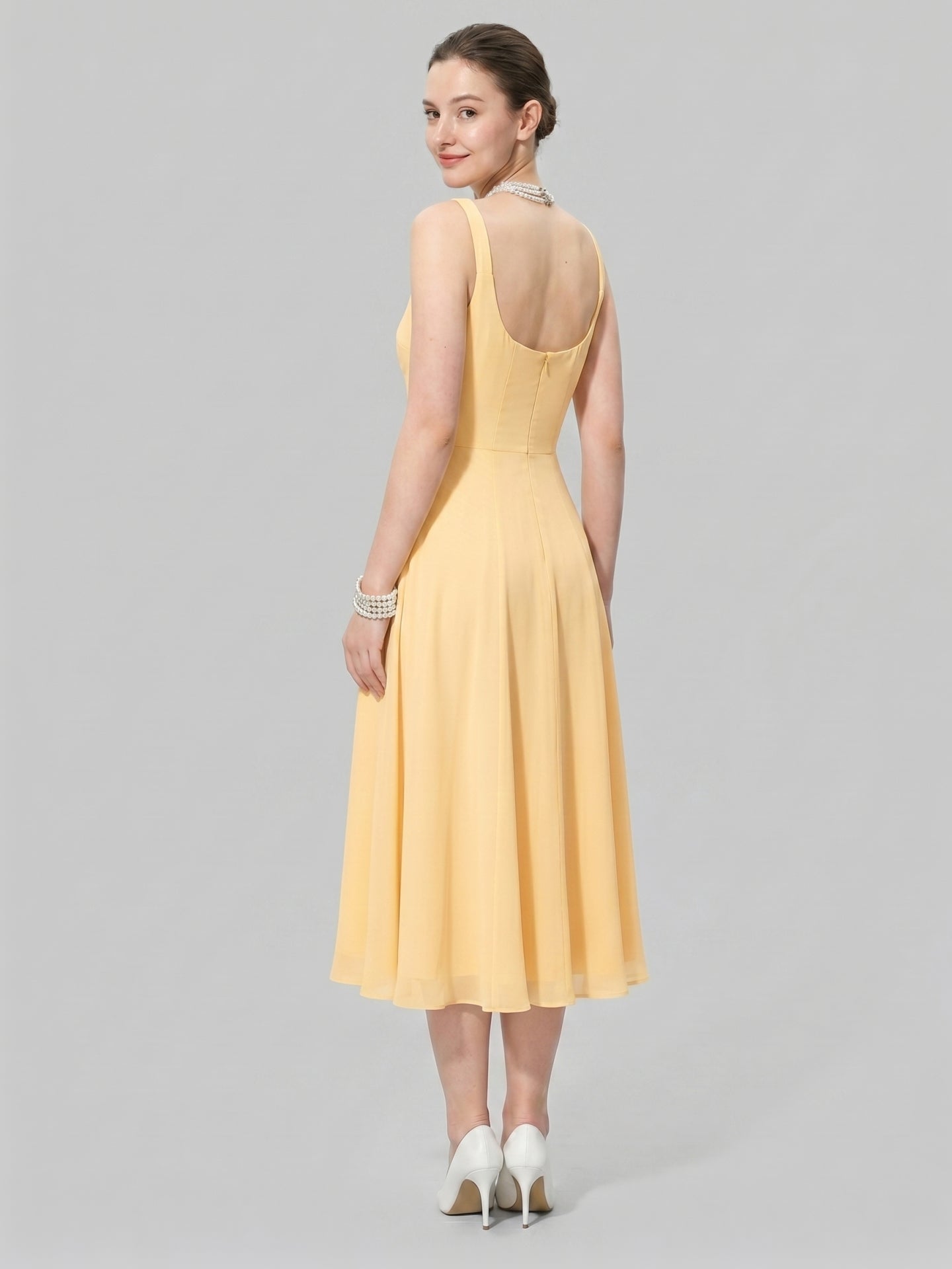 Simple Chiffon A-Line Square Neck Tea-Length Bridesmaid Dress