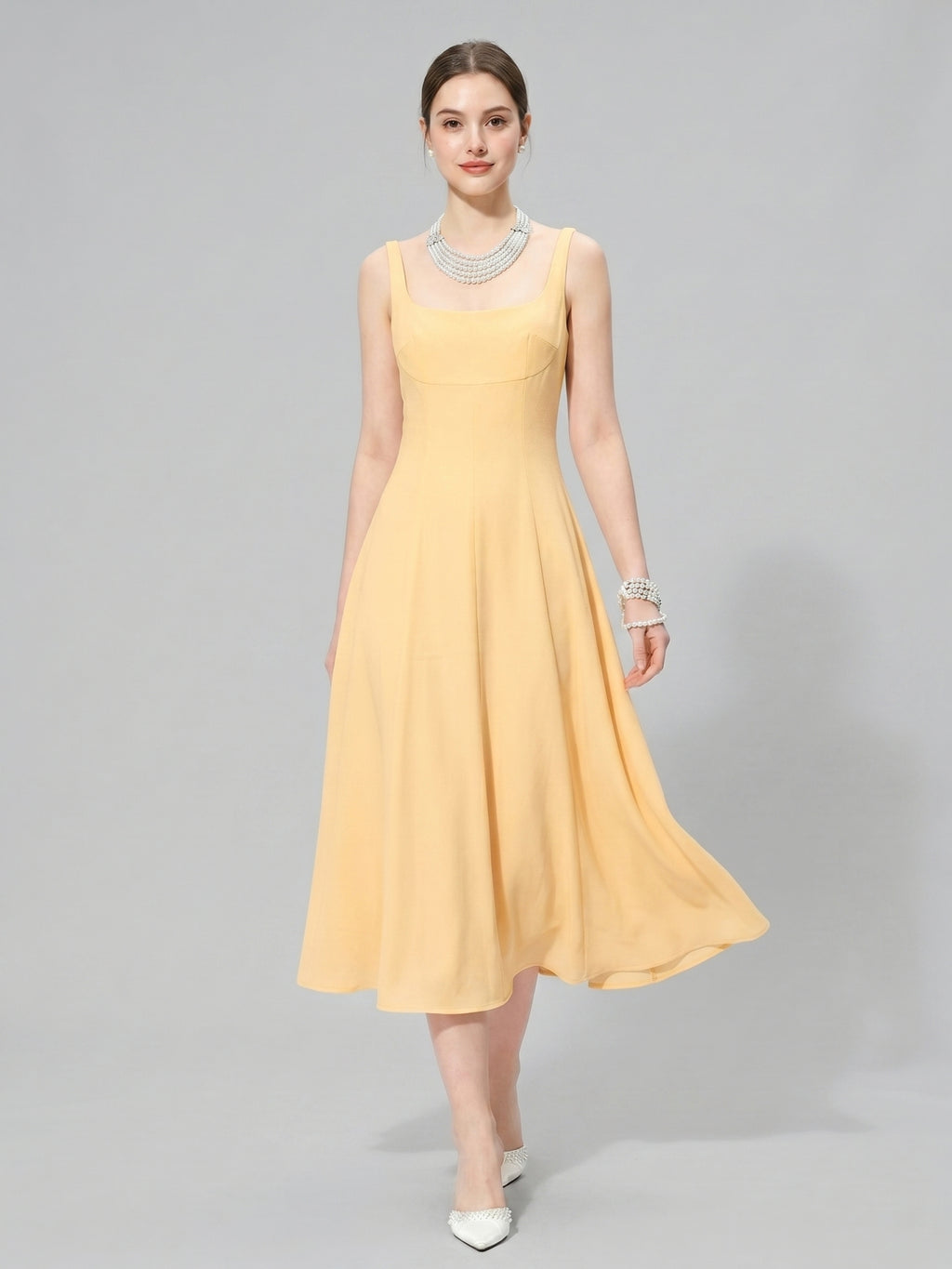 Simple Chiffon A-Line Square Neck Tea-Length Bridesmaid Dress