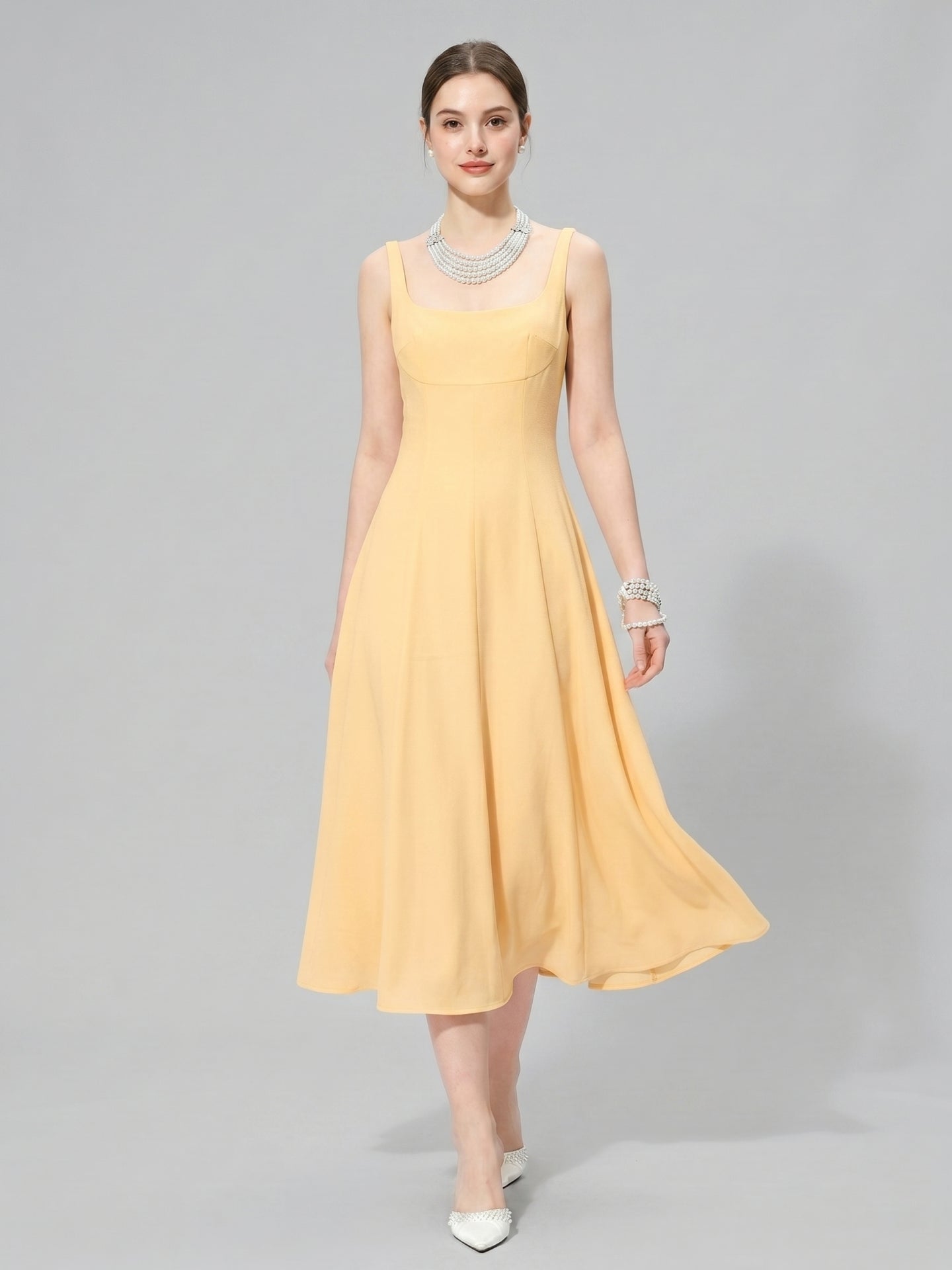 Simple Chiffon A-Line Square Neck Tea-Length Bridesmaid Dress