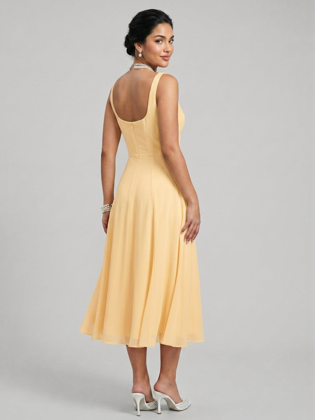 Simple Chiffon A-Line Square Neck Tea-Length Bridesmaid Dress
