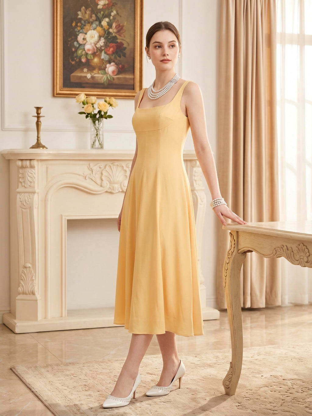 Simple Chiffon A-Line Square Neck Tea-Length Bridesmaid Dress