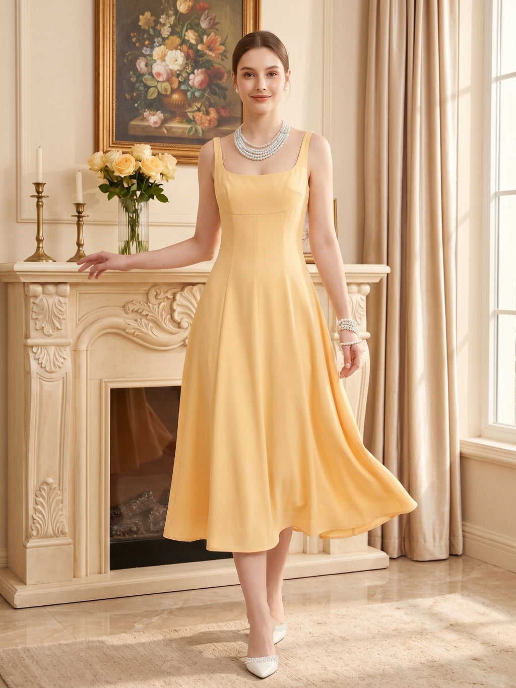 Simple Chiffon A-Line Square Neck Tea-Length Bridesmaid Dress
