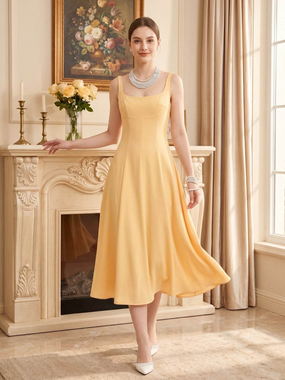 Simple Chiffon A-Line Square Neck Tea-Length Bridesmaid Dress